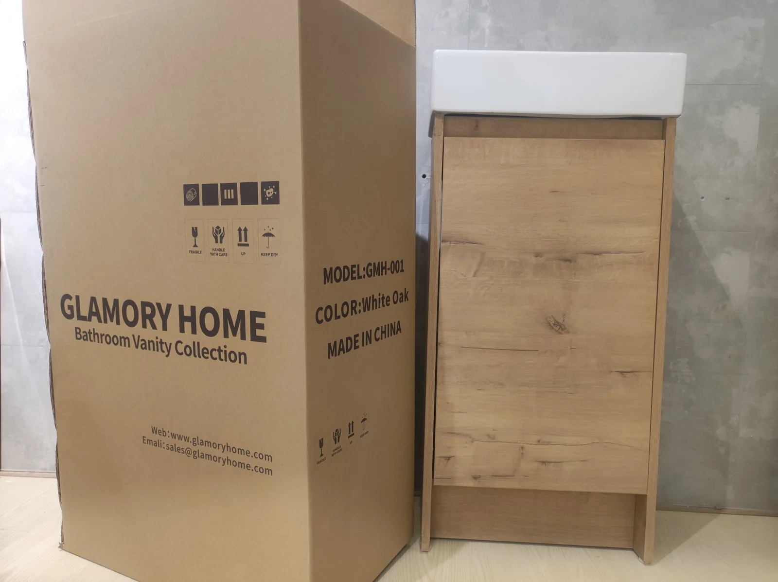 Representative finished vanity and printed GLAMORY HOME carton