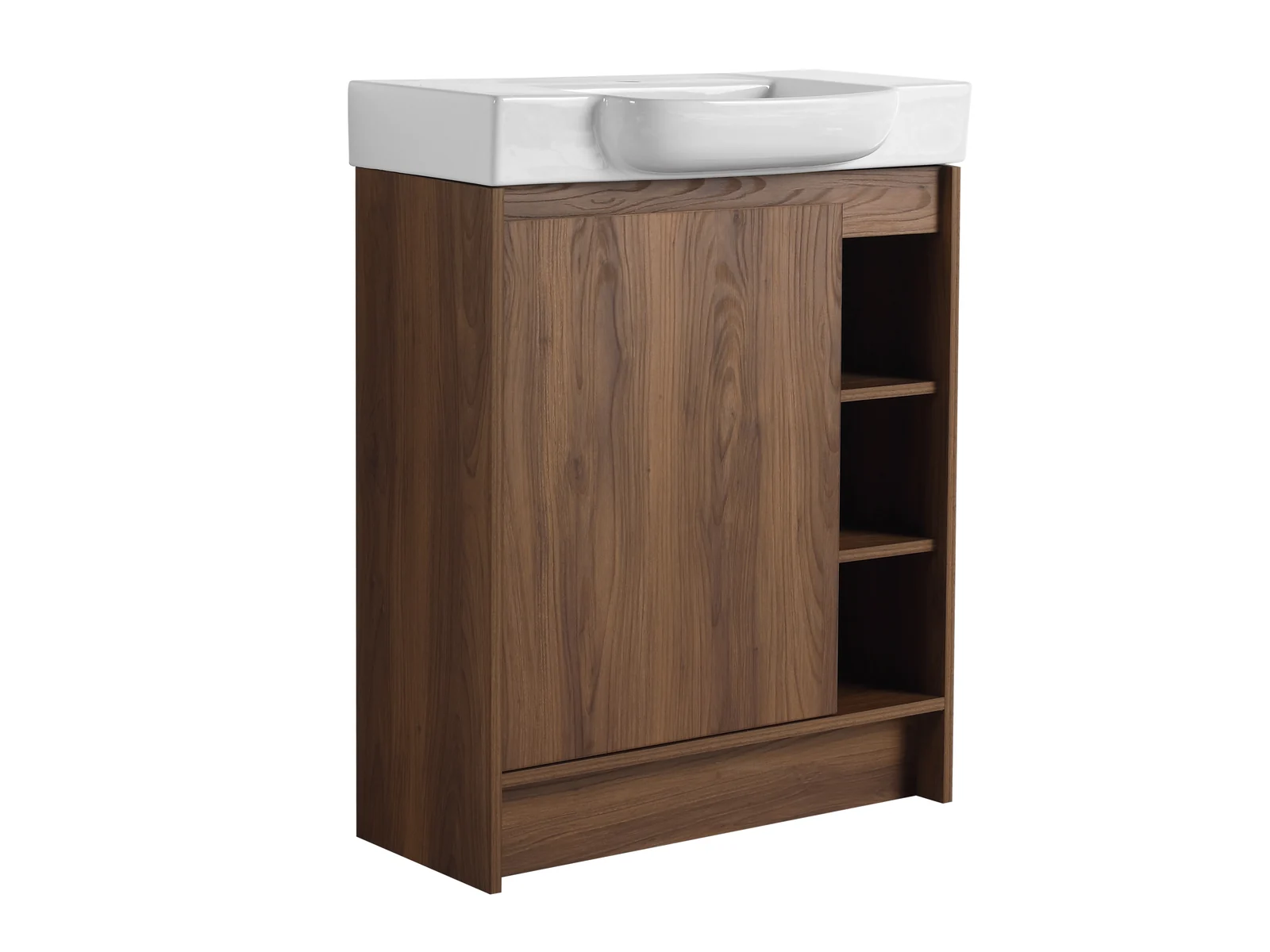 GMH-019 Brown Ebony freestanding bathroom vanity with ceramic basin and open side shelving